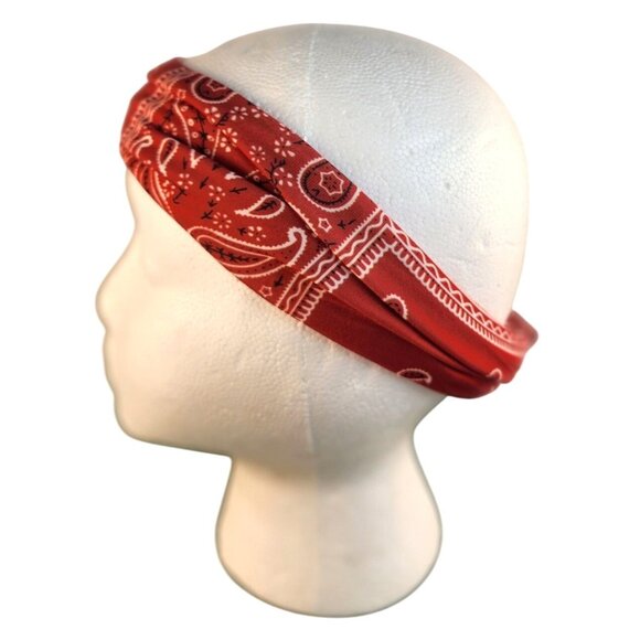 Red Paisley Knit Headwrap Hairband Soft Stretchy Headband Fabric Unisex Sweatban - Picture 6 of 7
